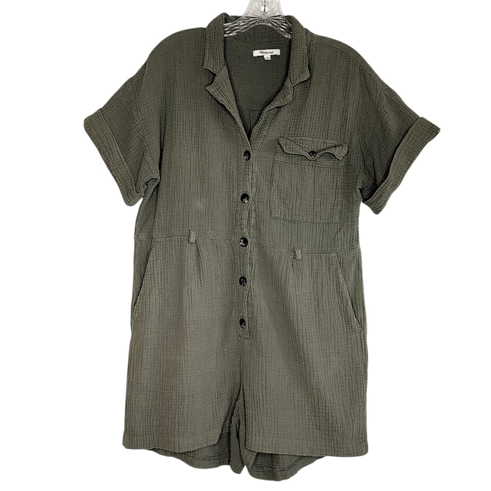 Madewell casual olive-green double gauze button down romper, size small